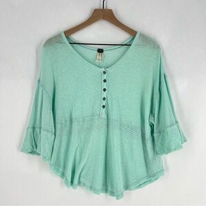We The Free Sheer‎ Aqua Mint Green Linen Blend Relaxed Fit Dolman Henley Top